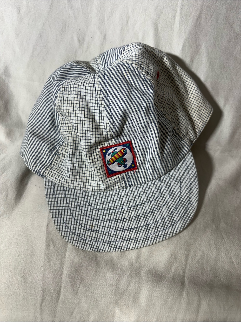 Vintage Gymboree White & Navy Striped Kids Cap with Airplane Patch